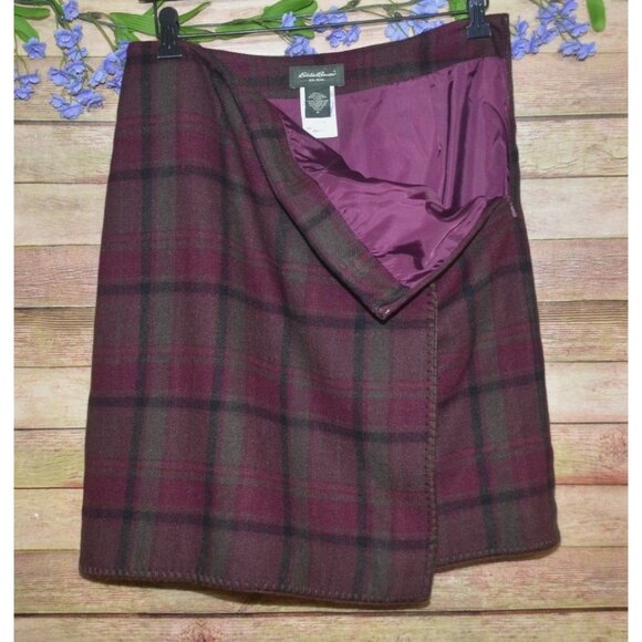 Eddie Bauer Ladies 4 Marron Plaid Wool Blend Faux Wrap Short Skirt Dark Academia - Picture 4 of 8